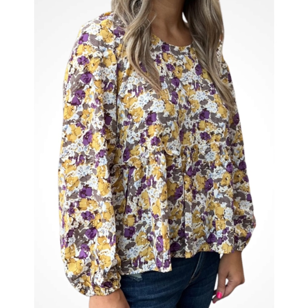 Mayden Los Angeles Chic Floral Womens Babydoll Blouse Purple & Yellow Floral 3XL